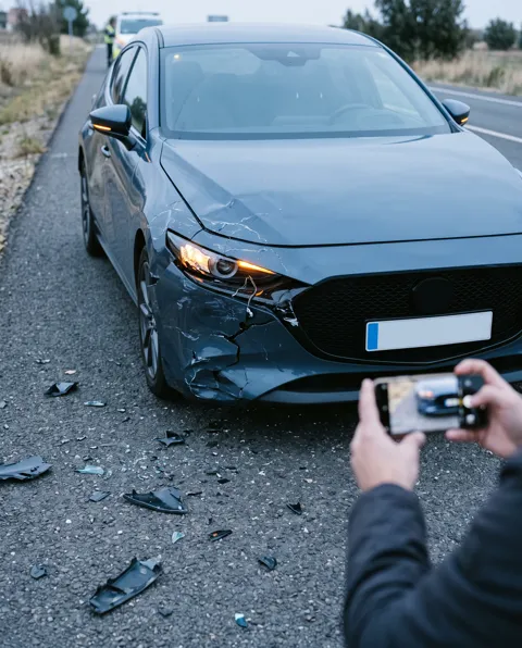 Una mano fotografía con el móvil el frontal golpeado de un coche en el arcén