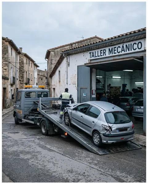 Una grúa carga un coche con el frontal destrozado a la puerta de un taller