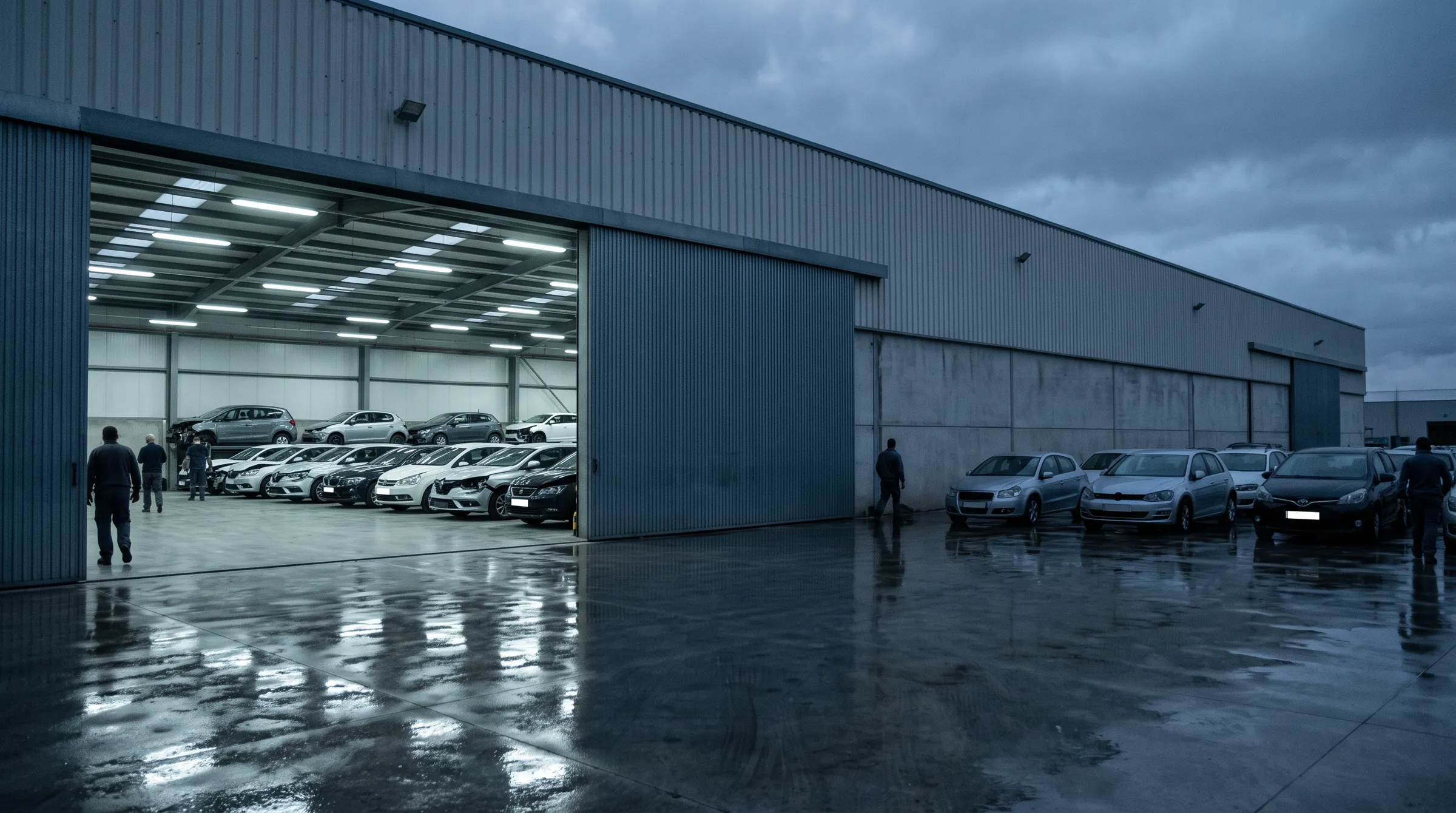 Nave de Eurocarbid al anochecer con la puerta abierta y filas de coches golpeados dentro