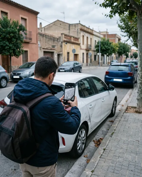 Una persona fotografía el lateral abollado de un coche blanco en la calle